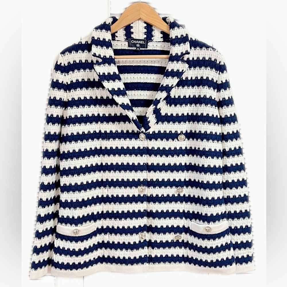 Authentic CHANEL Navy and White Striped Blazer